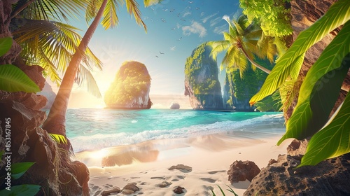 A beautiful view from a mountain cave of a beautiful tropical beach against a serene sea or ocean backdrop. Sunny day. Natural background. Illustration for cover, card, interior design, brochure, etc.