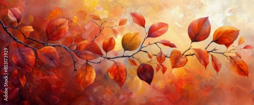 Autumn Leaves on Branch With Warm Background Painting