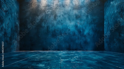 An empty room with blue walls and floor.