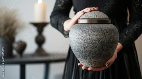 Woman dressed in black holding a granite cremation urn containing cremation ashes of her deceased husband, cremation and funeral service concept.