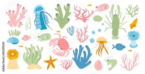 Playful collection of fish, crustaceans, starfish, jellyfish, mollusks, and corals in a pastel palette Set of Vector hand drawn flat illustration.