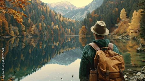 A traveler with a backpack and a hat stands near a lake against the backdrop of autumn forest mountains, rear view. Picturesque landscape of a tourist looking at the surface of the water.