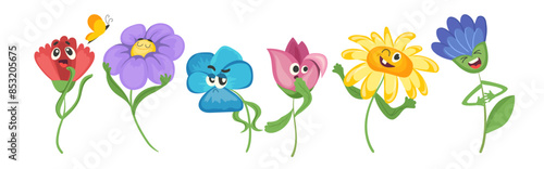 Cute comic flowers cartoon characters, funny floral cartoon mascot, smiley wildflower caricature set