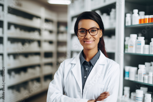 A woman in a white lab coat stands in front of a pharmacy shelf. She is smiling and she is proud of her work