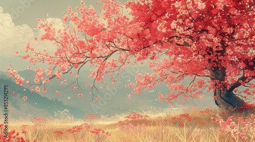 Champs de cerisiers en fleurs dans un paysage onirique rappelant le Japon et l'Asie, lac de montagne avec brume et reliefs au loin