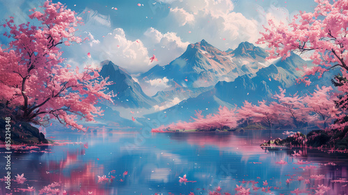 Champs de cerisiers en fleurs dans un paysage onirique rappelant le Japon et l'Asie, lac de montagne avec brume et reliefs au loin
