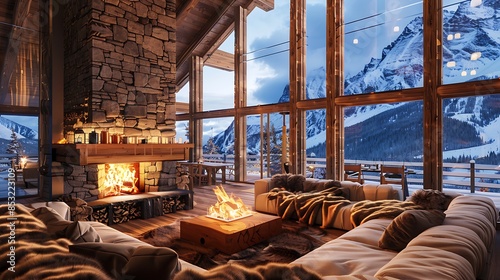 deluxe ski lodge living room with a towering stone fireplace, deep plush sofas covered in faux fur throws, and a wall of windows showing snowy mountain views