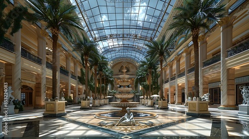 grand atrium with a soaring glass ceiling, indoor palm trees, marble statues, and a central fountain creating a serene ambiance