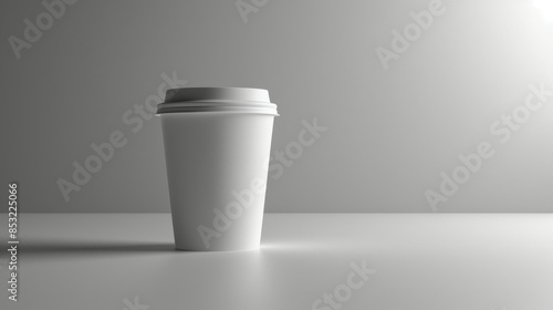 Coffee to go cup: A close-up shot of a blank labeled white coffee-to-go cup, standing alone on a white surface, with a clean and minimalist background.