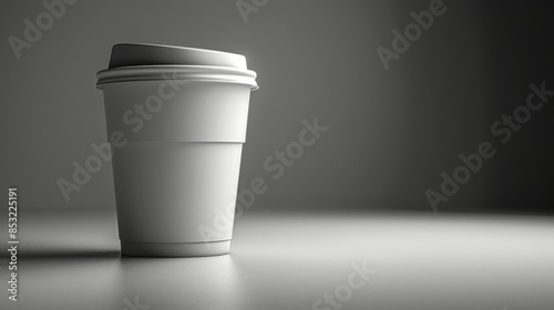 Coffee to go cup: A close-up shot of a blank labeled white coffee-to-go cup, standing alone on a white surface, with a clean and minimalist background.