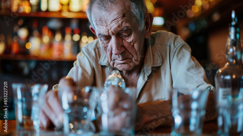 lonely alcoholic senior man with glasses of whiskey, alcohol problems and addiction