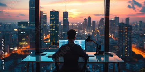 Professional business man working while using computer at night office. Skilled smart project manager looking at laptop while planning marketing strategy at modern office with skyscraper view. AIG42.