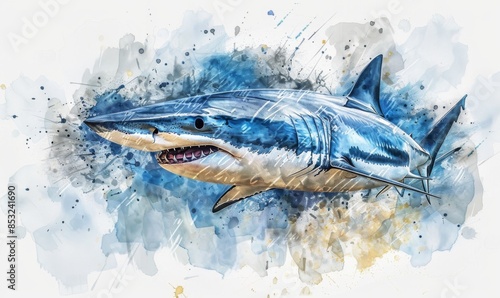 mako shark Digital illustration, white background, watercolor style