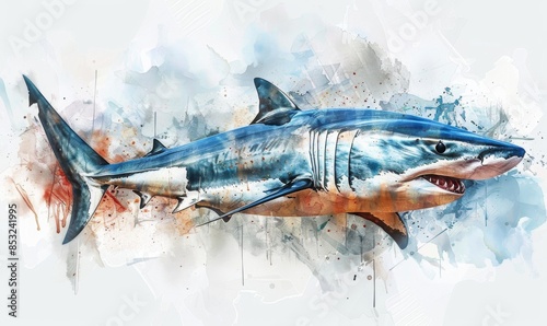mako shark Digital illustration, white background, watercolor style 