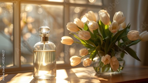 Perfume Bottle with Ivory Tulips in Soft Spring Light