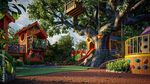 vibrant outdoor play area for children, equipped with a custom-built treehouse, colorful climbing structures, and a safe rubber mulch ground cover