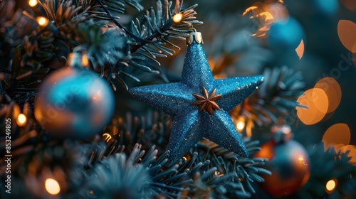 Shimmering Blue Star atop Festive Christmas Tree