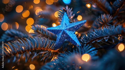 Shimmering Blue Star atop Festive Christmas Tree