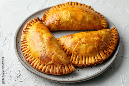 Three baked, whole, delicious beef patties on grey plate on white concrete background, Jamaican chebureks stuffed with mincemeat, pastries from cuisine of an exotic country.