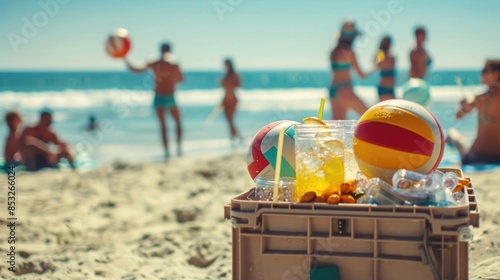 Summer beach fun: volleyball, swimming, and a cooler with drinks and snacks