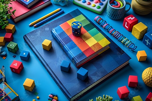 A vibrant and colorful scene of children's educational toys, such as blocks or flash cards, lying around on the desk with an open notebook in front of them.