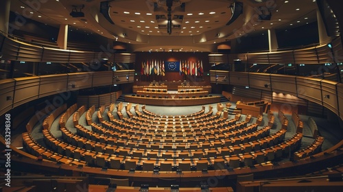 Modern legislative assembly hall with curved seating and a large stage. Image representing a political or formal meeting setting, suitable for documentaries or news articles. Generated by AI