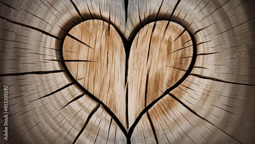 Wood carved heart against wood texture background with cracks and growth rings, symbolizing love, nature and sustainability
