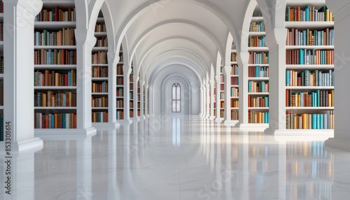 A long, narrow library with white shelves and a large archway