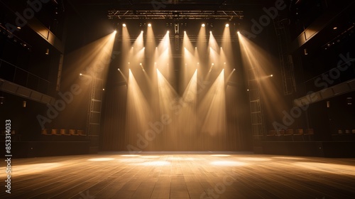 Empty theater stage illuminated by bright, focus lights, creating a dramatic ambiance. Perfect backdrop for performance or entertainment events.
