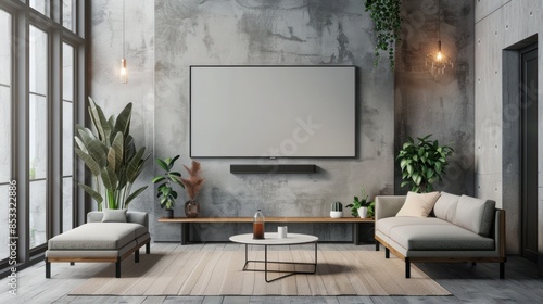 Beige home living room interior with sofa and coffee table with decoration, side view mock up copy space blank television display on wall. AI generated