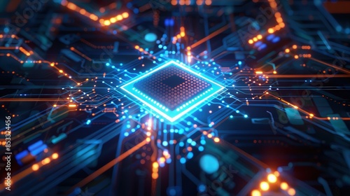 A glowing microchip surrounded by vibrant blue circuitry lines