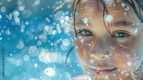 The little girl is gazing out of the window, nose pressed against the glass, watching the fluid movement of water in a swimming pool AIG50