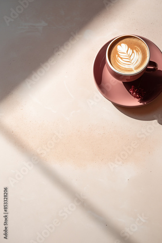 Cafe Latte Macchiato In Red Cup with Saucer On Pink Stone Table Composition. Natural Light and Dramatic Shadow. Minimal Coffee Shop Interior. Minimalism. Minimal Cafe Interior. Food photography. 