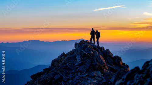 Hikers at the top of a high peak, early morning glow, wide-angle shot, serene environment,