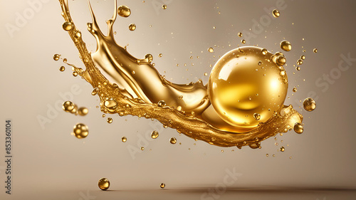 Cosmetic gold serum liquid bubbles collide and bounce
