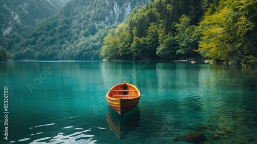 A wooden kayak or canoe on water with beautiful lake