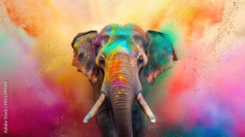 African elephant head with colorful splashes on white background and hand drawn watercolor illustration