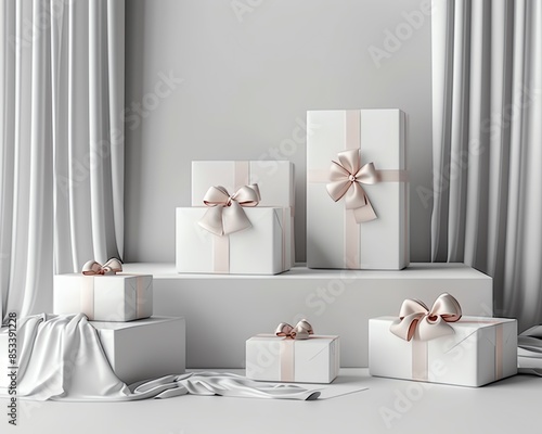 Elegant white boxes of multiple sizes on luxurious stand, white backdrop, feeling of luxury and refinement