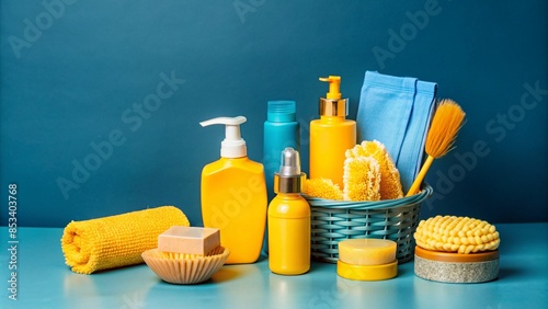 High-quality toiletries tool set in a bright and clean bathroom. Featuring essential items such as toothbrush, razor, comb, soap, shampoo, and towel, neatly arranged on a pristine white counter 