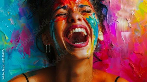Colorful abstract art and woman’s silhouette - Artistic depiction of a woman with a pixelated face block against a vivid multicolored paint background