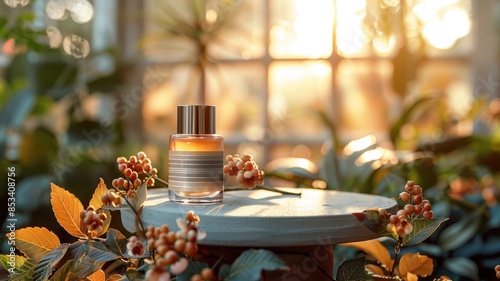 a luxurious perfume bottle placed on a table in a greenhouse. 
