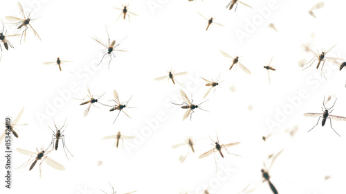 Flying mosquitoes on white background