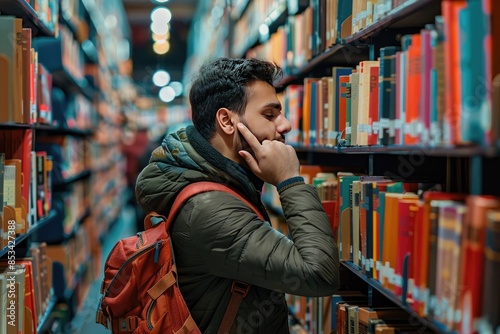 Thoughtful arab customer with backpack on one shoulder holding chin with hand while passing by bookcase. Worried man looking at rows of colourful encyclopedias and looking for necessary