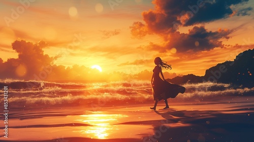 砂浜を歩く少女のシルエット、日没9