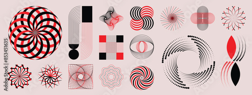 Hand drawn abstract minimal element mid century vector set. Aesthetic contemporary stripe line art, geometric shape in black and red. Art form design for wall art, decoration, wallpaper.