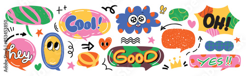 Set of doodle and speech bubble vector. Collection of contemporary figure, speech bubble with text, arrow in funky groovy style. Chat design element perfect for banner, print, sticker.