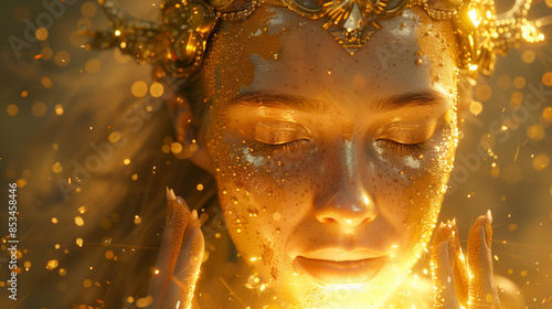 Close-up of a serene woman with golden makeup and crown, eyes closed, glowing in golden light