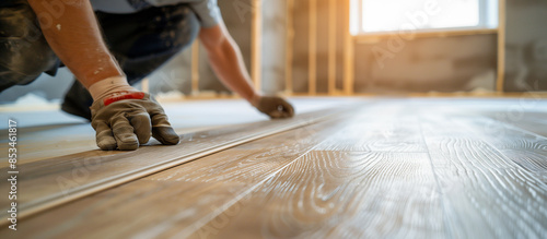 worker installing modern wood flooring in an empty room