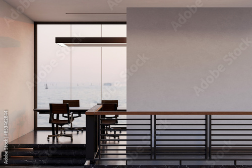 The interior design of a modern meeting room with a meeting table by a window with an ocean view.