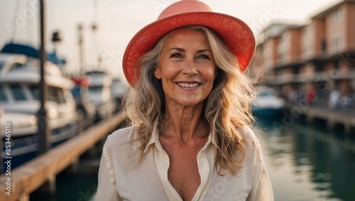 Cheerful Mature Woman Posing Holding Hat At Marina Dock Outdoor.